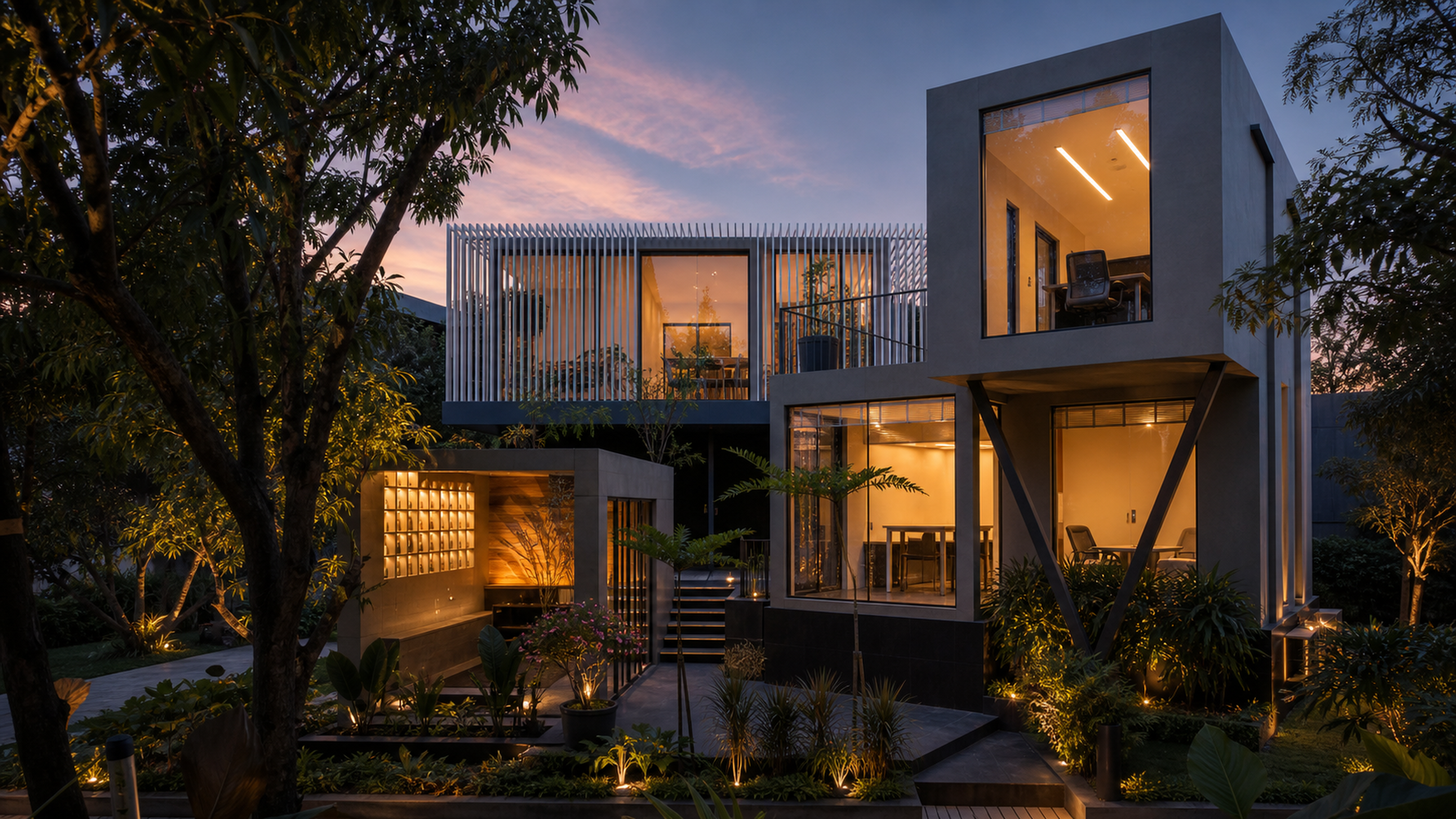 Evening view of the Moduli Experience Center in Jubilee Hills