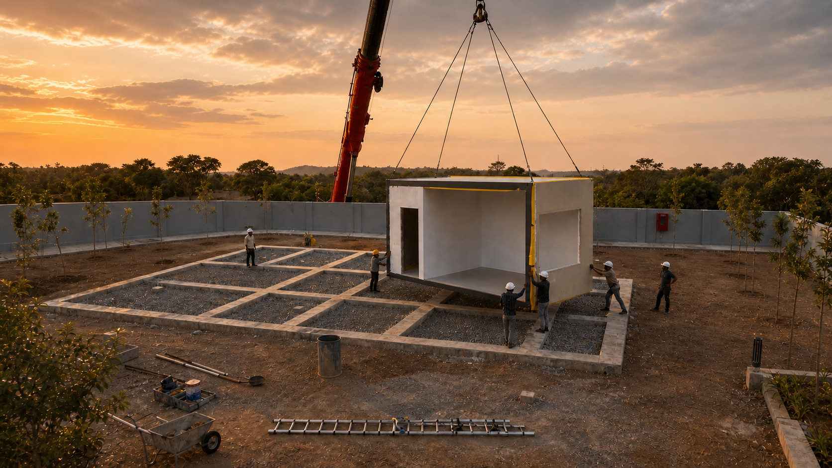 A finished Moduli module being installed by crane on site