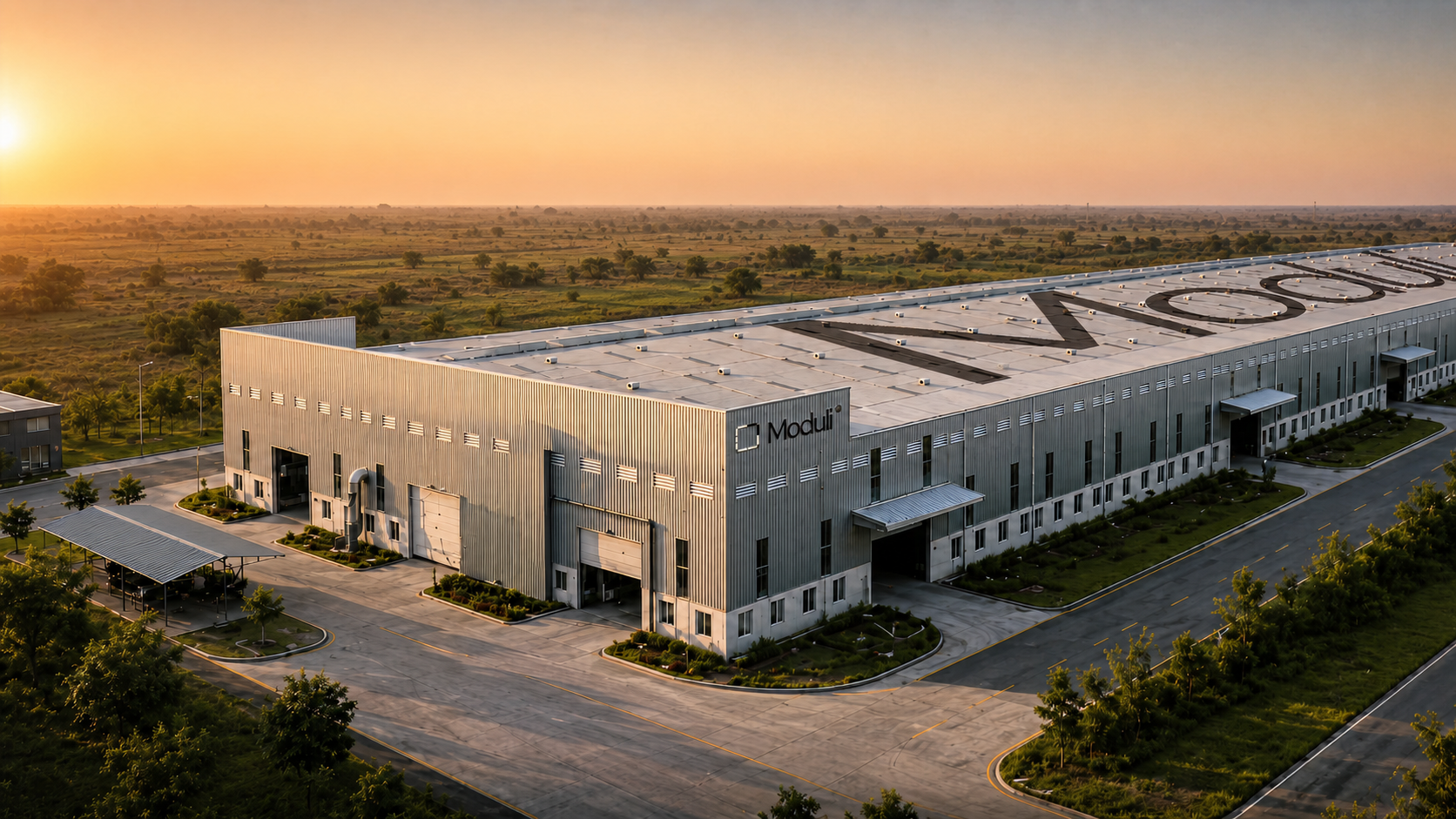 Aerial view of the Moduli factory at sunset